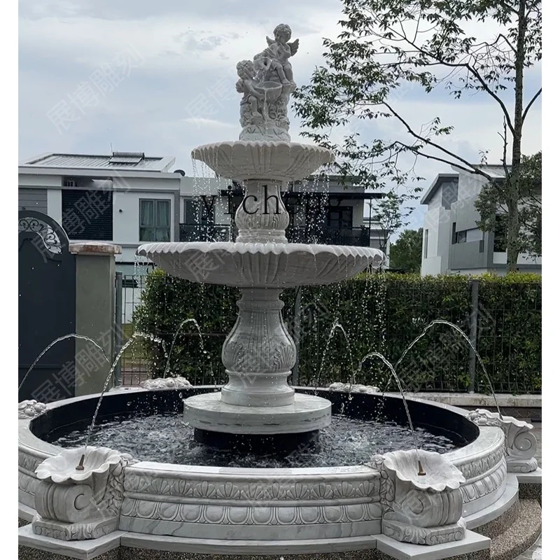 

TWR stone sculpture flowing water fountain marble white jade sculpture flowing water fountain marble fish pond landscape