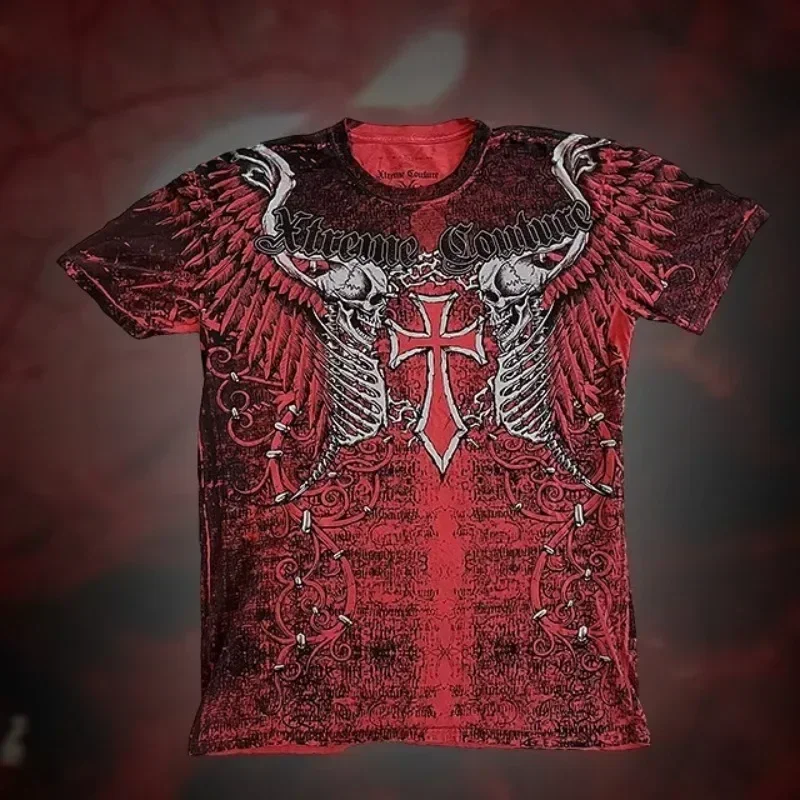 Vintage Y2K Affliction Style Skull Wing Cross T‑Shirt, Unisex 3D‑Print Dark Punk Casual Breathable Quick‑Dry Tops for Men Women