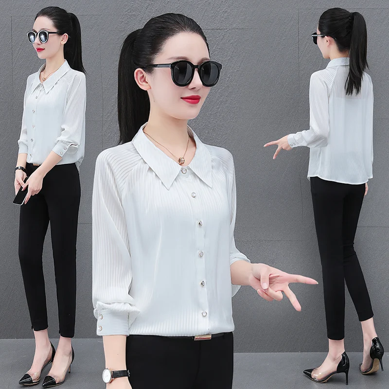 Korean Fashion Women\'S Commuter Long Sleeved Temperament Striped Shirt Female Spring And Autumn New High Grade Chiffon Top