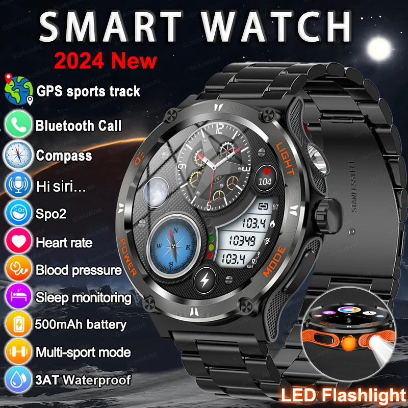 

1.53" Smart Watch Men Sport Compass LED Flashlight Heart Rate 3ATM Waterproof Health Sleep Analysis Bluetooth Call Outdoor Watch