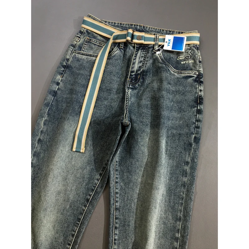 

2025 spring/summer new denim style men's simple and versatile lightweight and high-end printed slim fit pants with small feet