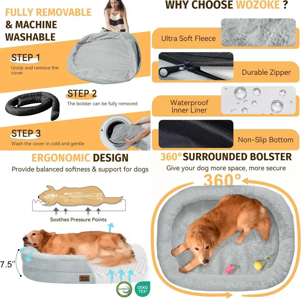 

Ортопедическая лежанка для собак из пены с эффектом памяти, увеличенного размера, с моющимся чехлом и бортиком, для средних и крупных питомцев - Нескользящее основание - Серебристая