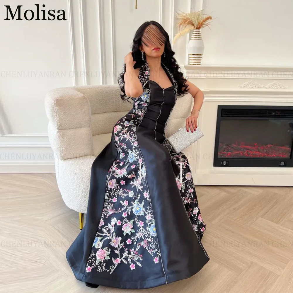 MOLISA Luxury Satin Black Formal Occasion Dresses 2024 A-Line  Halter Beadings Appliques Party Prom Evening Gowns فساتين الحفلات