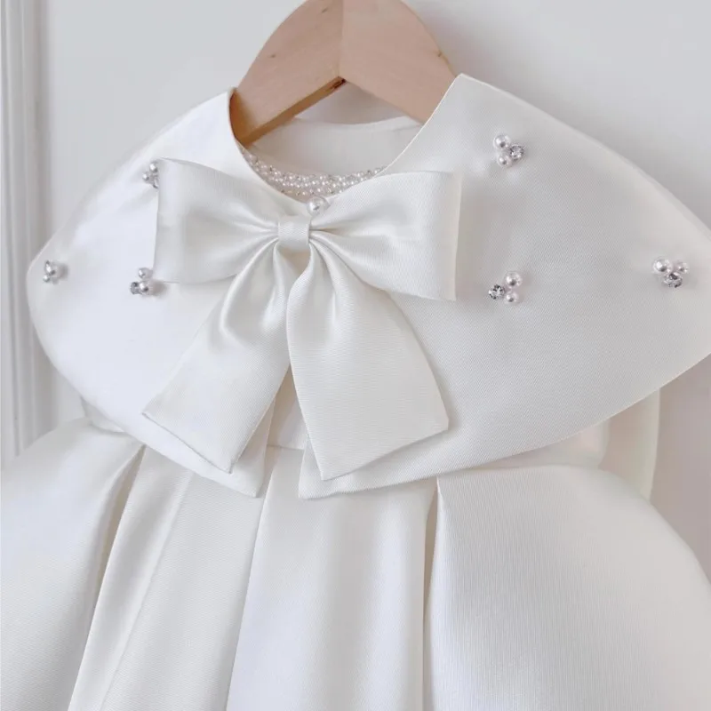 Baby Girl Princess Pearl Silk Dress Cloak Infant Toddler Vintage Bow Vestido Party Birthday Baptism Frocks Baby Clothes 1-7Y