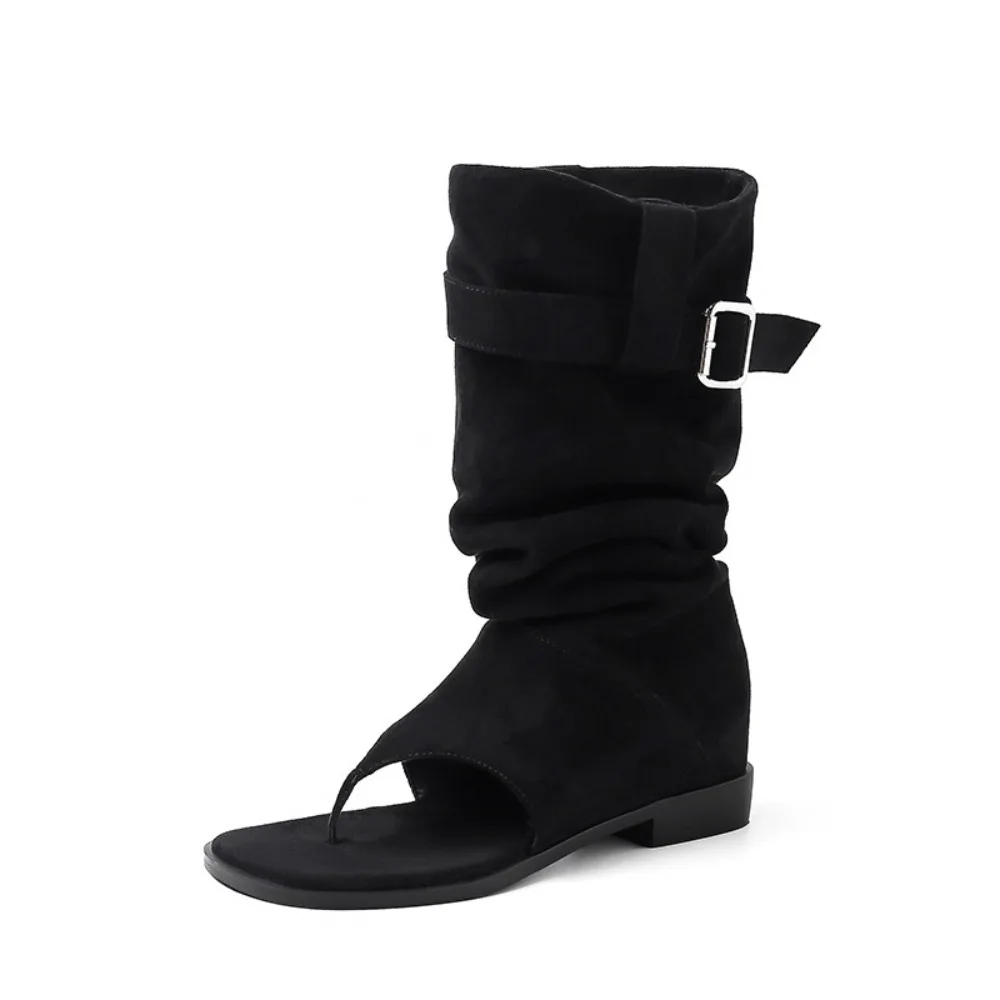 

Fashion Designer Women's Sandals Boots Gothic Belt Buckle Open Clip Toe Boots Suede Y2k Knee High Booties Spicy Girls