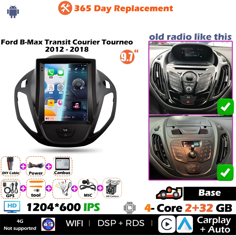 Nieuwste 9.7 "Multimedia Speler Upgrade voor Ford B-Max Transit Courier Tourneo 2012-2018 Android 13 Autoradio CarPlay Android Auto