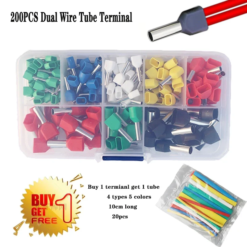 200pcs Dual Wire Tube Terminal Kit 2*0.5-6mm2 Ferrule Insulated Double Wiring Tubular Cable Connector Crimping Bootlace Suit Set