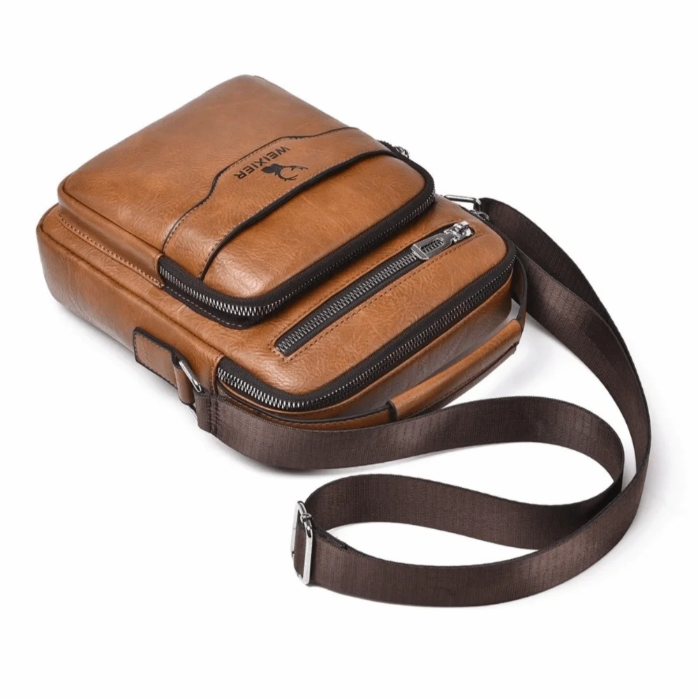 Fashionable Vintage Men Crossbody Bag Waterproof Multi Zipper Pocket Shoulder Bag PU Leather Top Handle Leather Handbag for Men