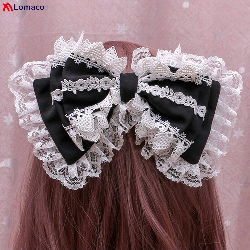 Lolita Lovely Lace Headband Hair Clips Sweet Big Bow Kawaii Victorian Hair Hoop Cosplay Cute Gothic Hairbands for Girls Women