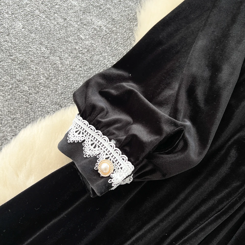 ชุดเดรสผ้ากำมะหยี่ลูกไม้แขนยาวทรงเข้ารูป สไตล์วินเทจสุดชิค หรูหราแบบแฟรี่ แฟชั่นเกาหลี สำหรับงานปาร์ตี้ฤดูใบไม้ร่วง เสื้อผ้าผู้หญิง