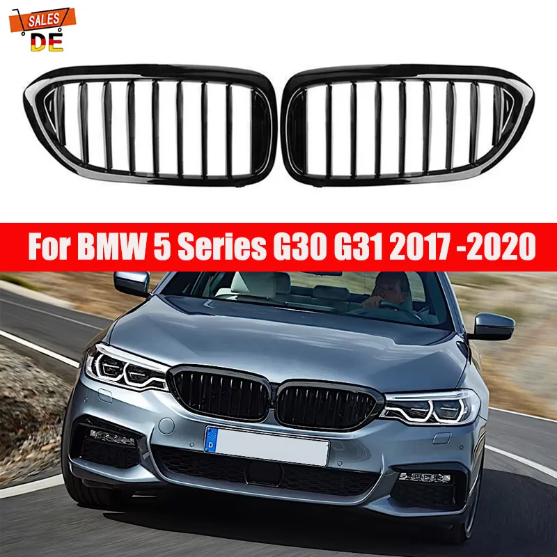 Für BMW 5er G30 2017 2018 2019 2020 Limousine Touring Nieren Grill GLANZ SCHWARZ Einzelsteg Sportlicher Frontgrill Ersatz Glänzend Chrom Einzellinien-Kühlergrill Hochwertig