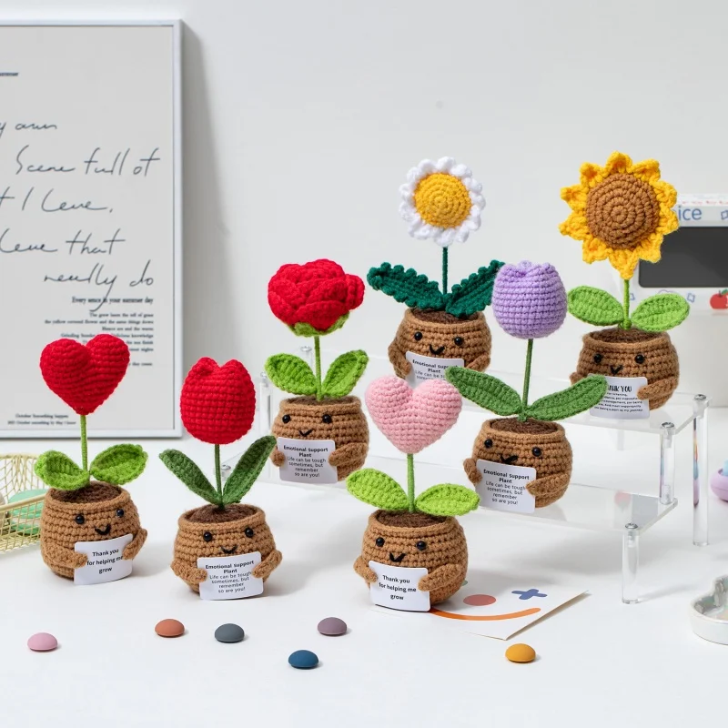 Mini Finished Crochet Roses Roses Sunflowers Tulip Potted Emotional Support Stuffed Plants Home Table Car Interior Decor