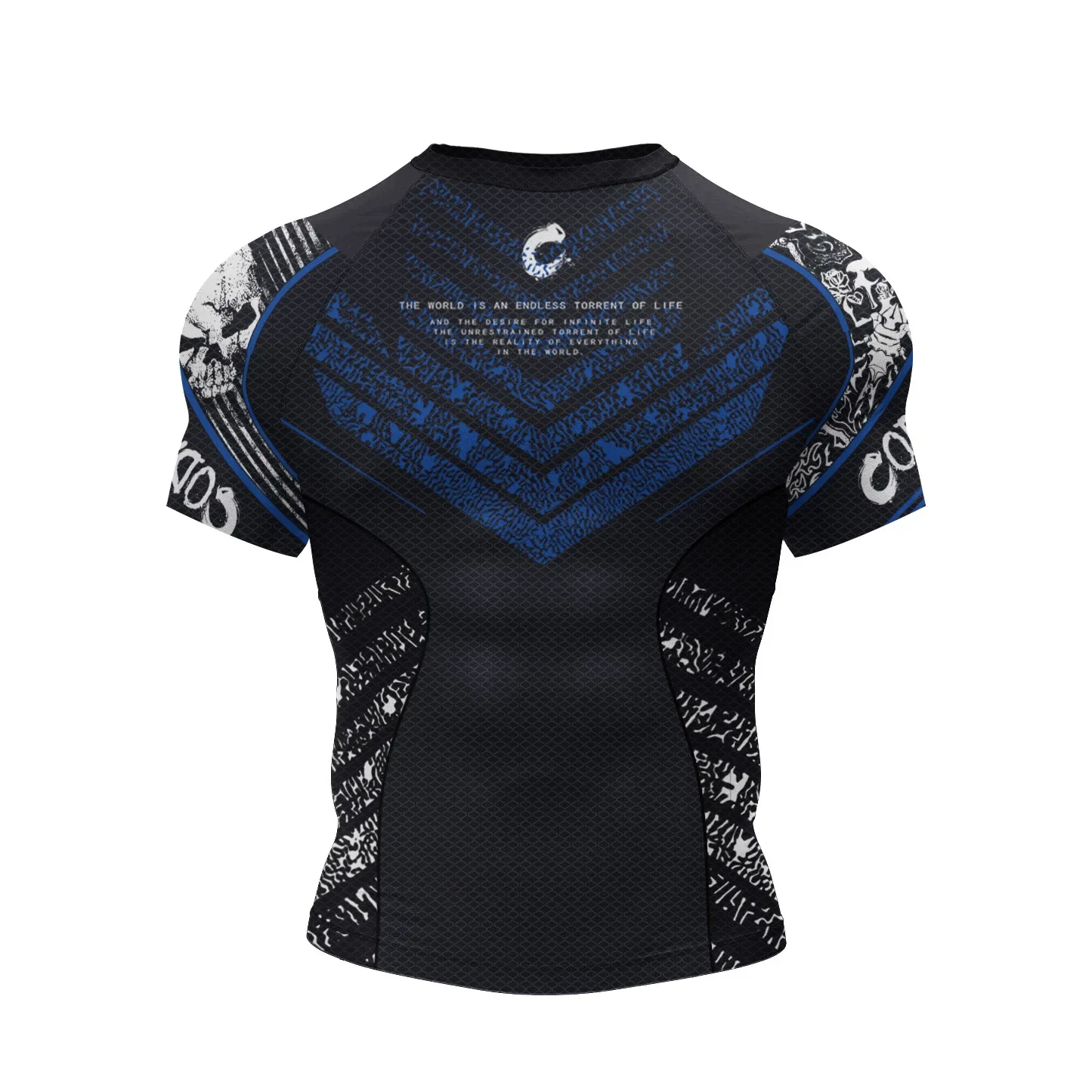Camiseta de compressão masculina de manga curta, adequada para treino de jiu-jitsu brasileiro e exercícios na academia.