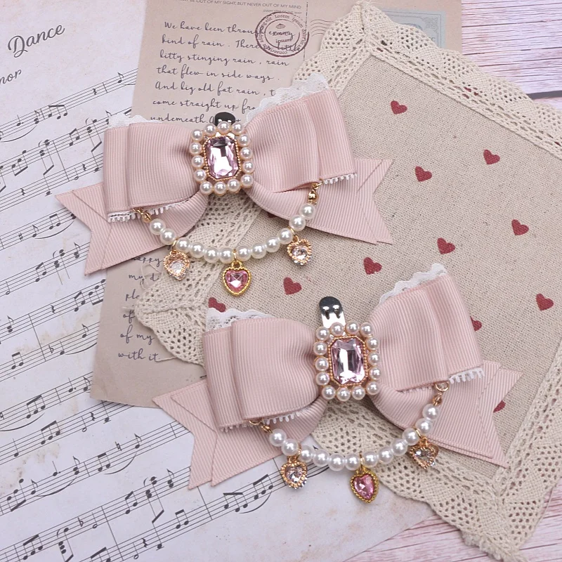 Handmade Lace Stitching Bow Pearl Beaded Shoe Buckle Sweet Cute Heart Shape Rhinestone Pendant Shoe Clip Lolita Shoe Decoration