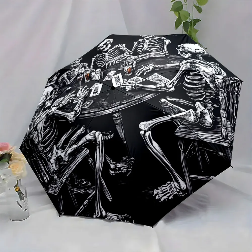 1PC Skeleton Poker Night Umbrella with Gothic Illustration Design Print 8 Iron Ribs Folding Umbrella Auto-Open Fashion Sunshade