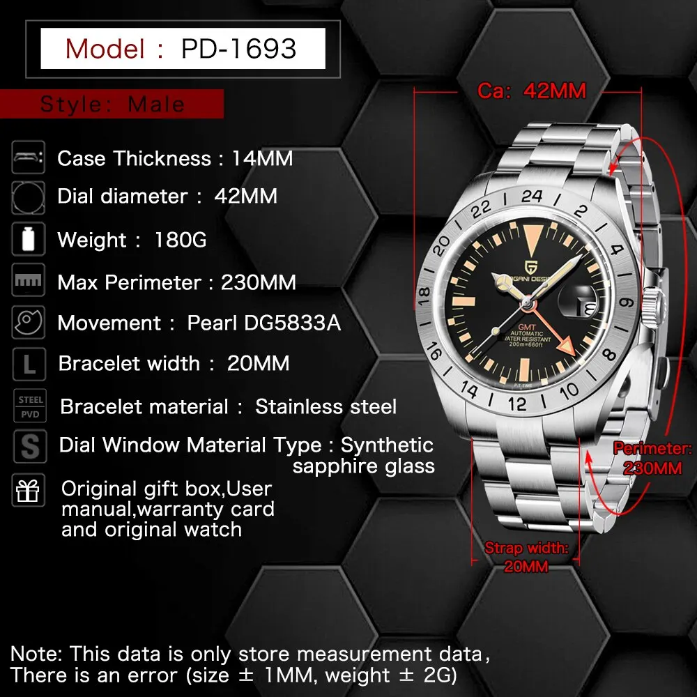 2024 New PAGANI DESIGN GMT Men Automatic Mechanical Watch Classic Retro Watch Stainless Steel 200m Waterproof Clock Reloj Hombre