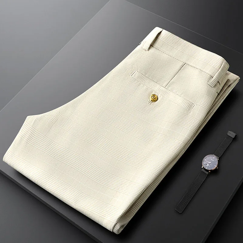 

Высококачественные, эластичные, модные, клетчатые, повседневные деловые брюки для мужчин, мужские утягивающие и маленькие ноги, летние тонкие мужские брюки.