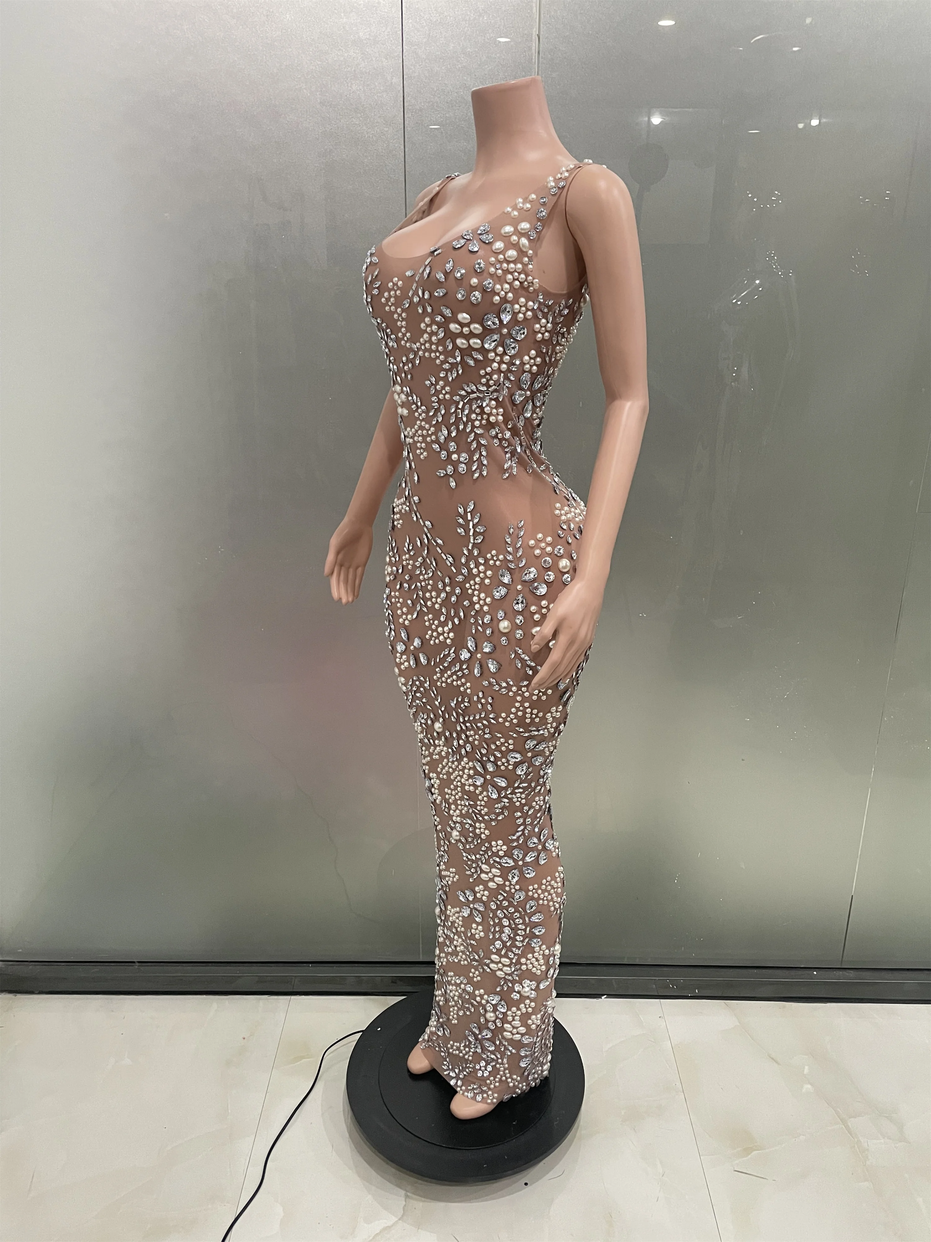 Sexy Sparkly Rhinestone Mesh See Through Long Dress Women Evening Party Birthday Wedding Celebrity Dress Stage Wear Prom Gown