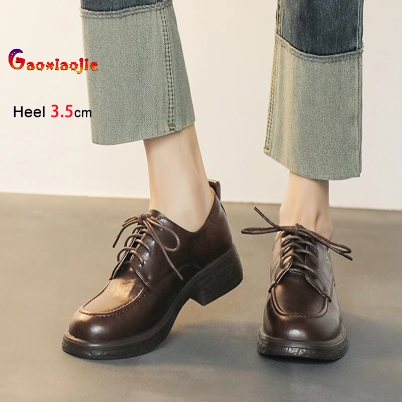 

Genuine leather Woman Shoes 3.5CM High Heels British Style Square Toe Casual Flats Front Lace Up Shallow Soft Sole Women Loafers