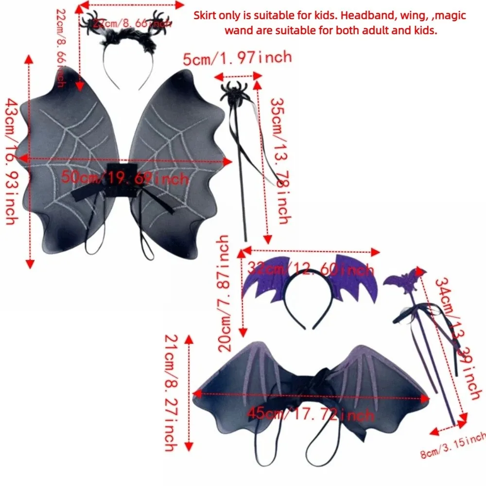 Spider Web Children Costume Set Bat Wing Headband Magic Wand Cosplay Outfit Lightweight Breathable Halloween Kids Skirt - view 6
