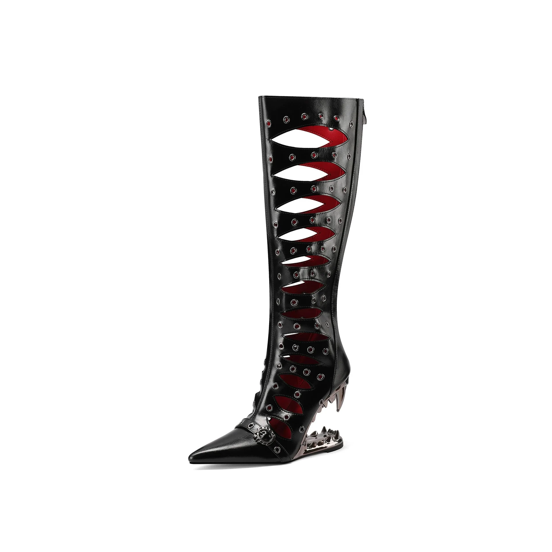 Women's Black Patent Leather Cutout Knee-High Boots Pointed Toe Spiked Heel Gothic Shoes Edgy Statement Footwear for Festivals
