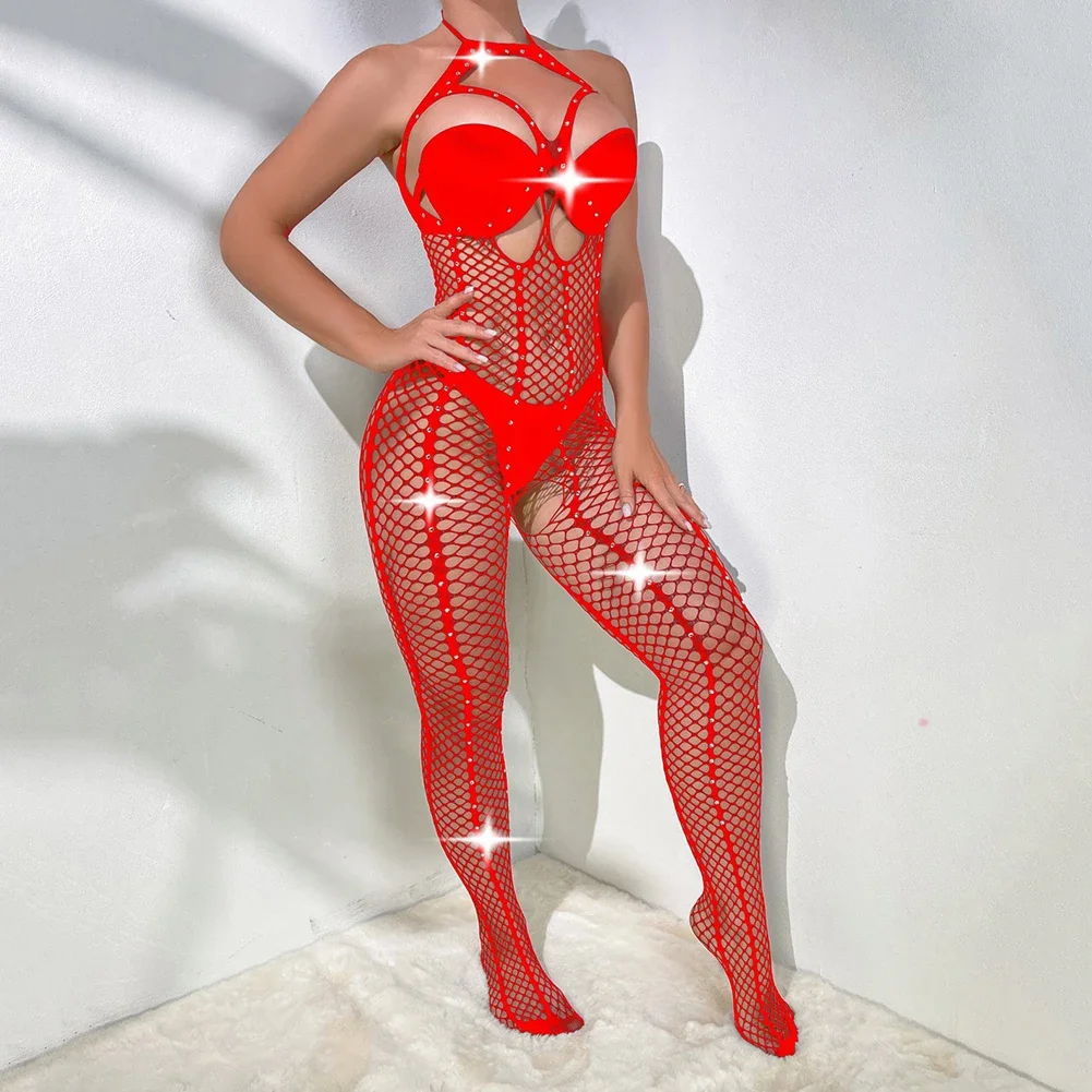 

Ladies Jumpsuit Sexy Shiny Rhinestone Lingerie Net Clothing Transparent Hot See-through Erotic Sleepwear hollow Bodysuit