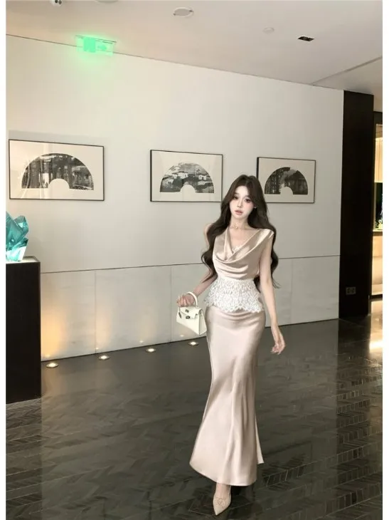

Elegant Lace Splice Sleeveless Vest And Fish Tail Skirt Set for Women Summer Fashion High Quality Two Piece Suit