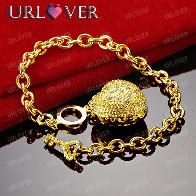 

URLOVER 18K Gold Bracelet Heart Shaped Key Chain Bracelets For Woman Lady Party Wedding Engagement Fashion Jewelry Birthday Gift