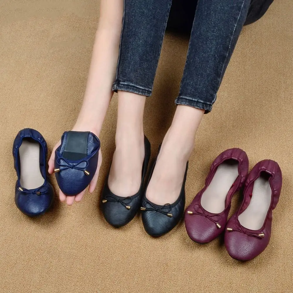 Shallow Mouth PU Ballet Shoes Thread Bowknot Soft Sole Flat Shoes Lightweight Foldable Chicken Rolls Dance Shoes Yoga