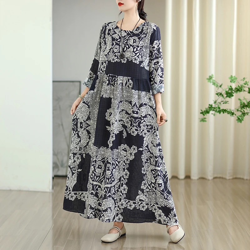 Early Autumn Floral Print Vaion Sle Travel round Ne Retro Long Dr Cotton Linen Material Meat Concealing Women's Dr