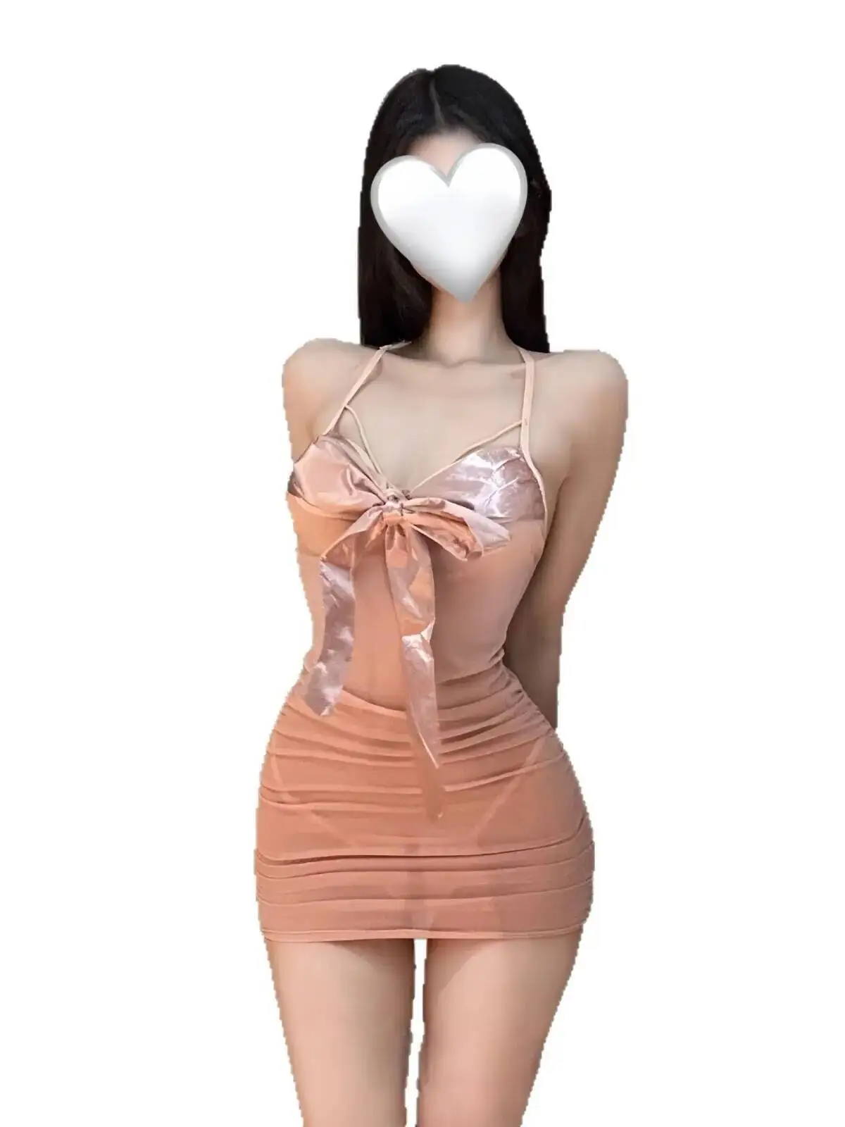 Plus Size Sexy Puro Desiderio Stile Bowknot Decorato Increspato Camicia da notte trasparente Petto-esposizione Tentazione Camicia da notte Abito dolce 6ENM