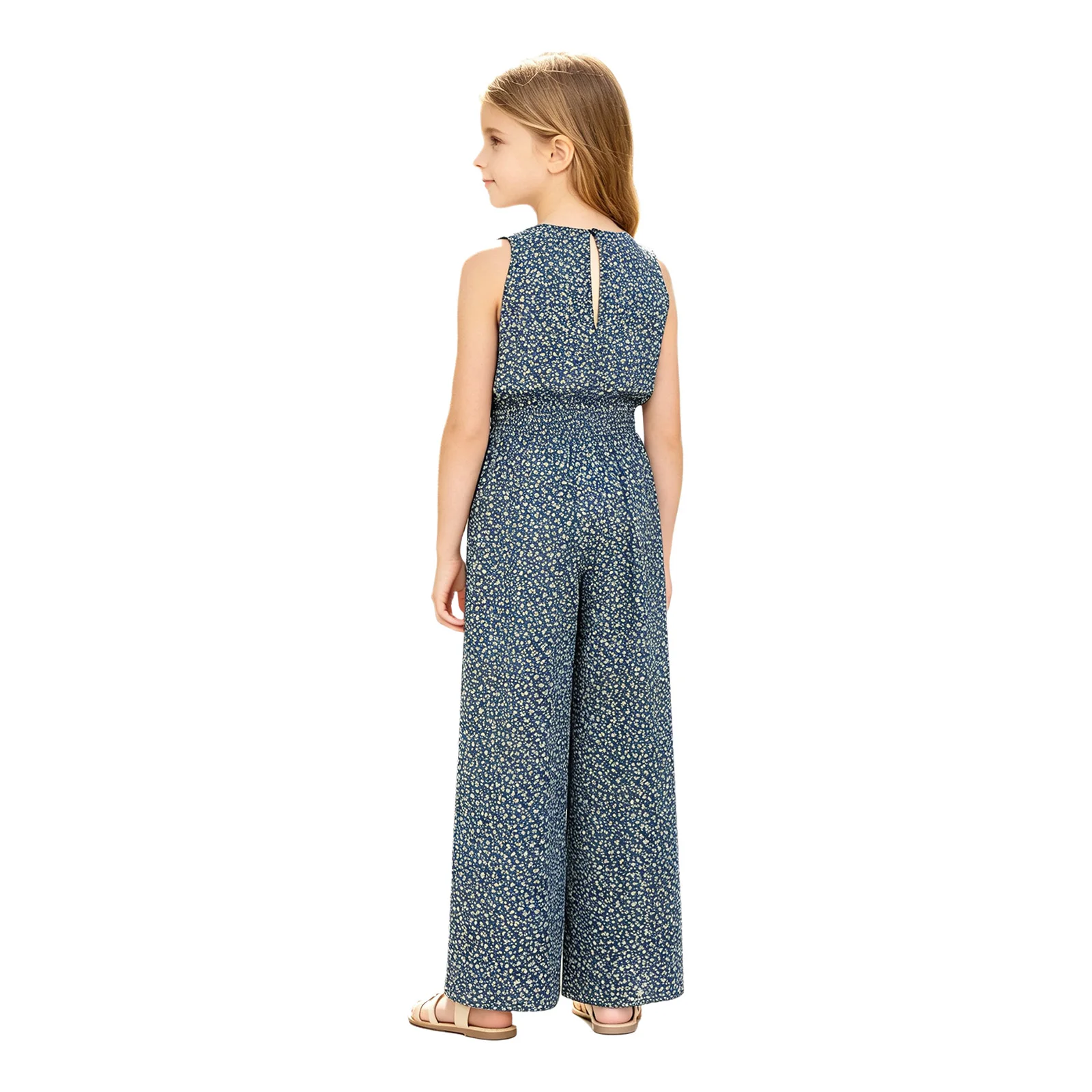 Kids Girls Fashion Floral Jumpsuit Summer Casual Sleeveless Elastic Waist Wide-Leg Pants Rompers Vacation Beach Picnic Clothing