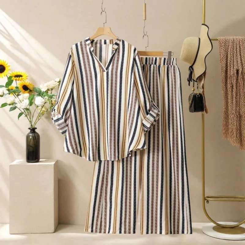 

Новый женский комплект в полоску с v-образным вырезом и принтом, весенне-осенняя повседневная рубашка + брюки, комплект из 2 предметов