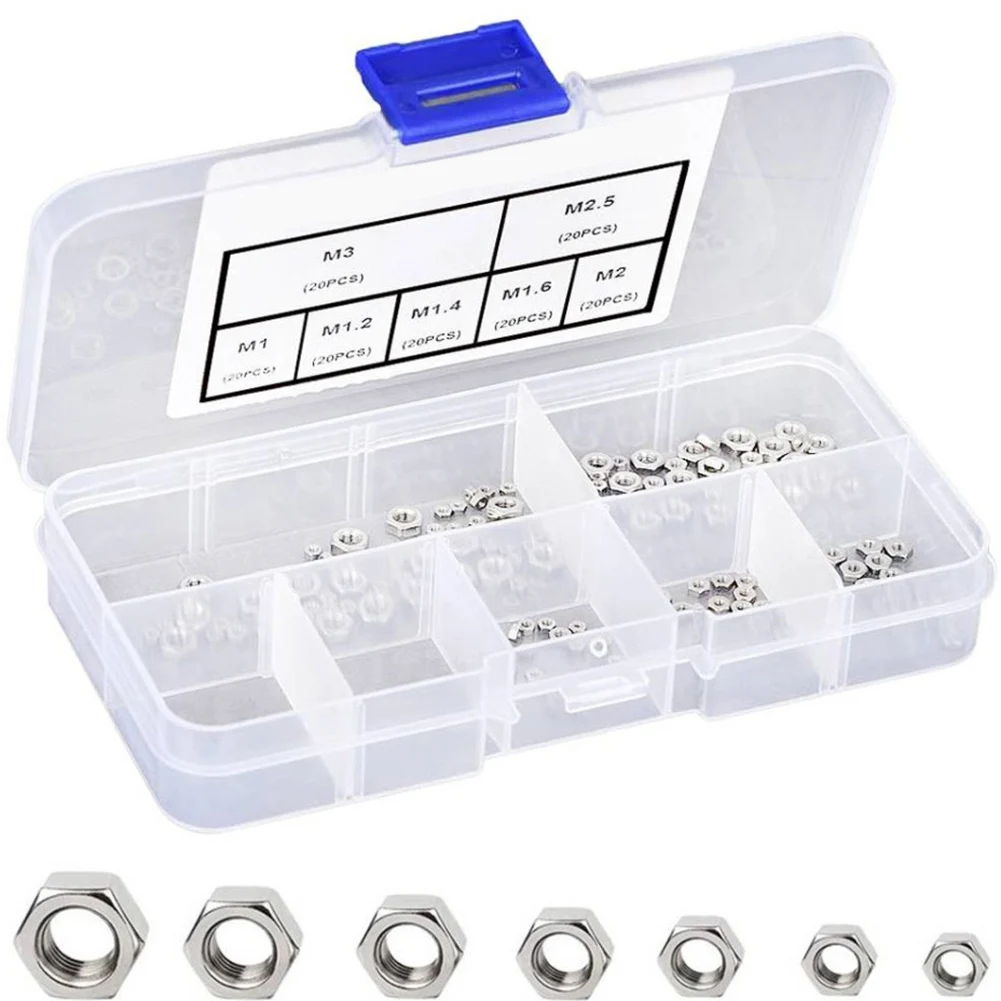 140pcs 304 Stainless Steel Hexagon Small Nuts Boxed M1M1.2M1.4M1.6M2M2.5M3 Set Hardware M1,M1.2,M1.4,M1.6,M2,M2.5