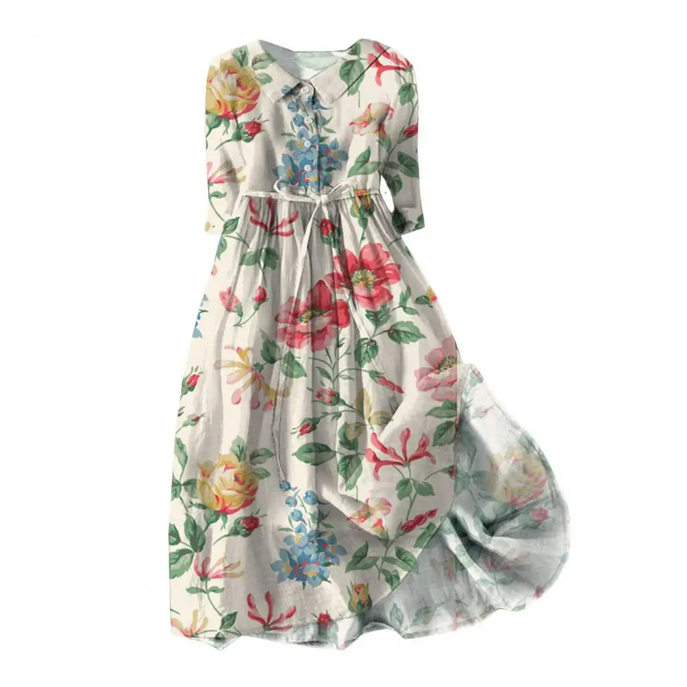 Mid-sleeve Dress Bohemian Floral Print Midi Dress with Lace-up Detail A-line Silhouette for Women Spring Fashion Statement Piece