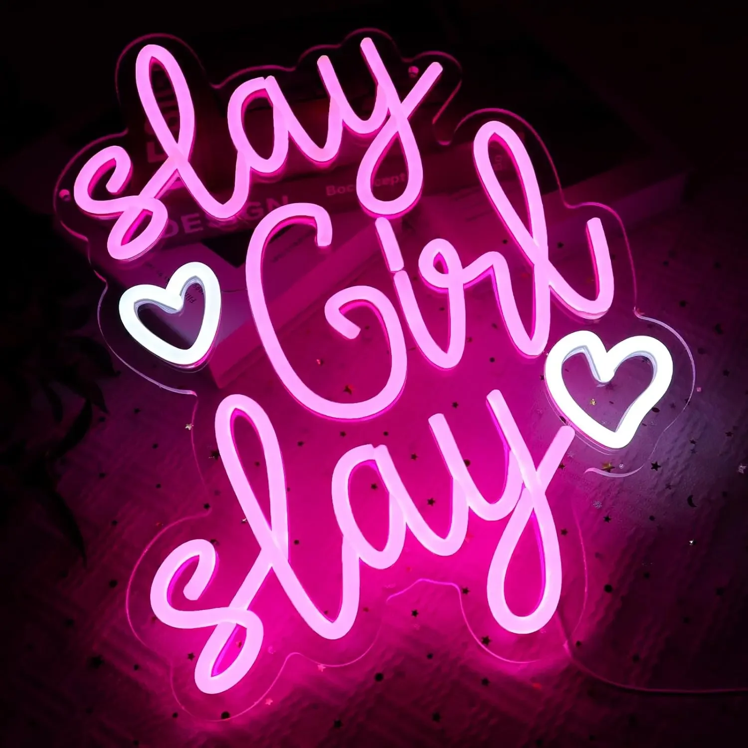 Slay Girl Slay Neon Sign LED Wall Art Pink Heart USB Powered Dimmable Acrylic Glow Lamp Bedroom Party Bar Decor Funny Quote Gift