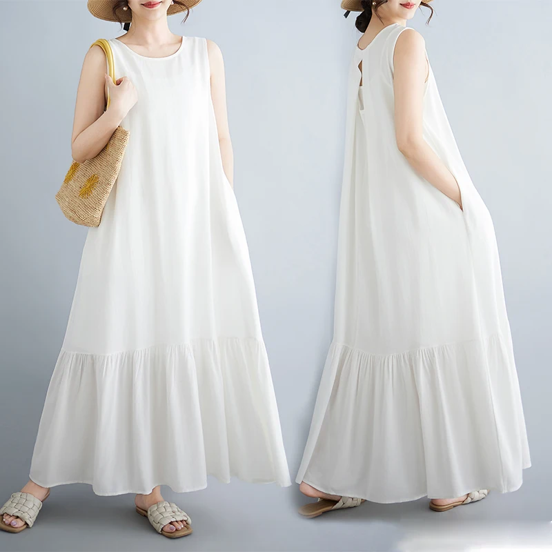 

Elegant White Vest Dress Women's Summer New Loose Slimming Long Beach Vacation Skirt Bohemian Style A-Line Cotton Linen Blend