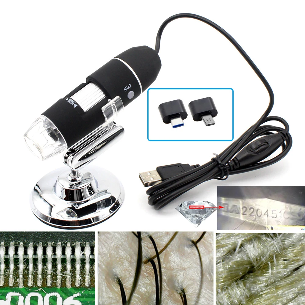 1000x / 1600x LED USB Microscopio digitale endoscopio fotocamera Microscopio per telefono cellulare riparazione capelli pelle moneta diamante