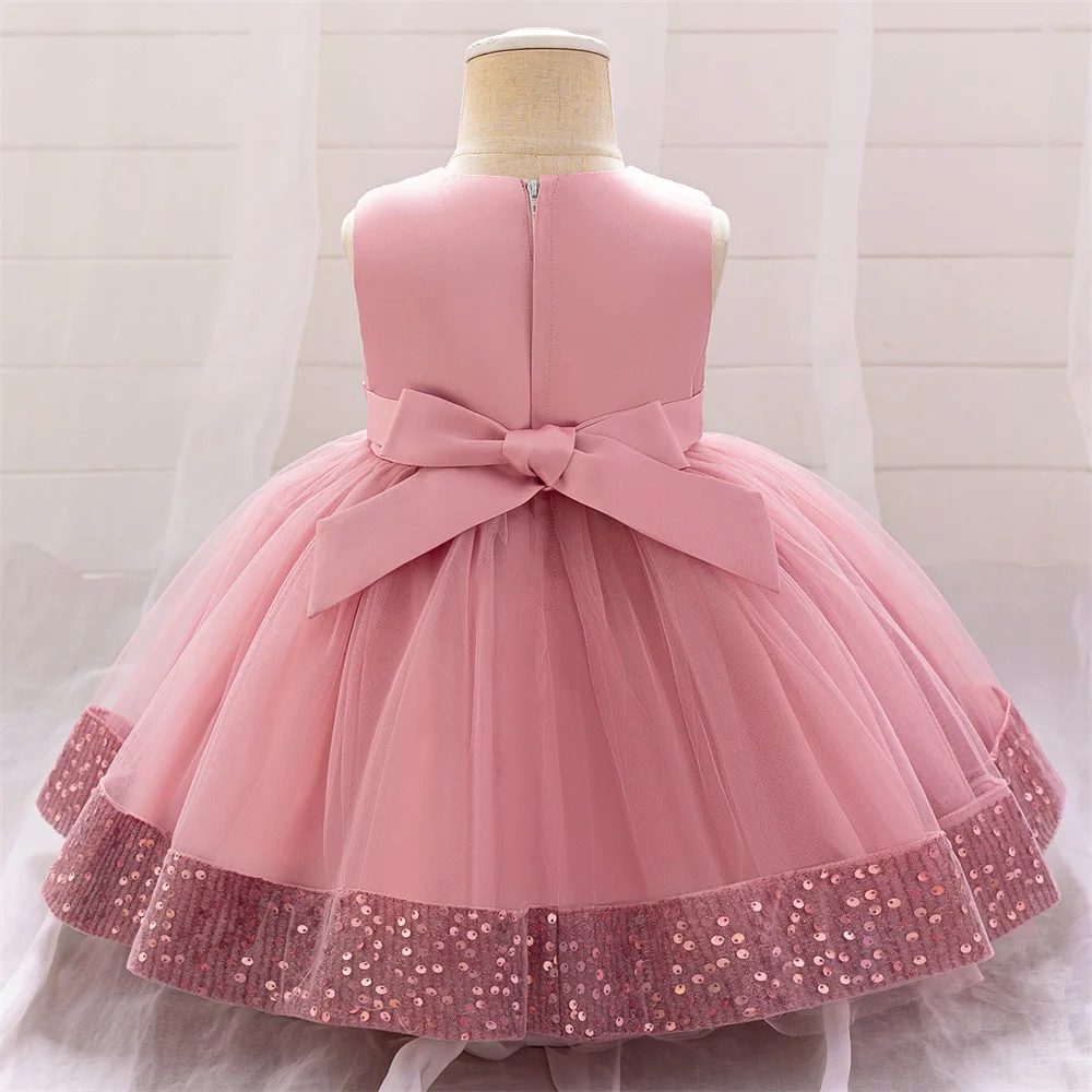 Cute Girls Pink Sequin Lace Dress Baby Girl Bow Birthday Baptism Tutu Dresses Kids Summer Holiday Formal Clothes Toddler Costume