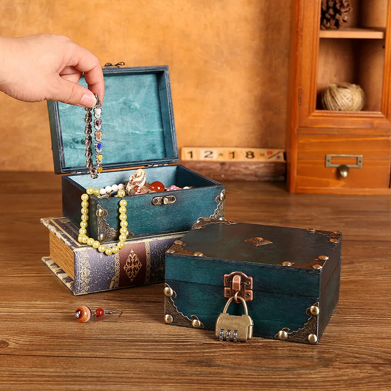 Retro Green Jewelry Box. A Wooden Box For Household Desktop Identification Documents. Jewelry Storage Lockable Combination Box.
