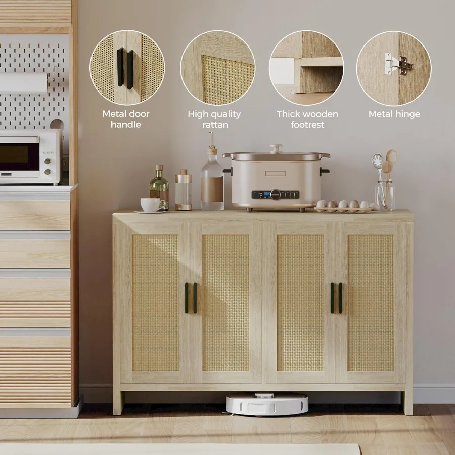 Rattan Buffet Cabinet with Storage Sideboard Featuring Doors for TV Stand Farmhouse Style Coffee Bar Modern Wood Storage Cabine