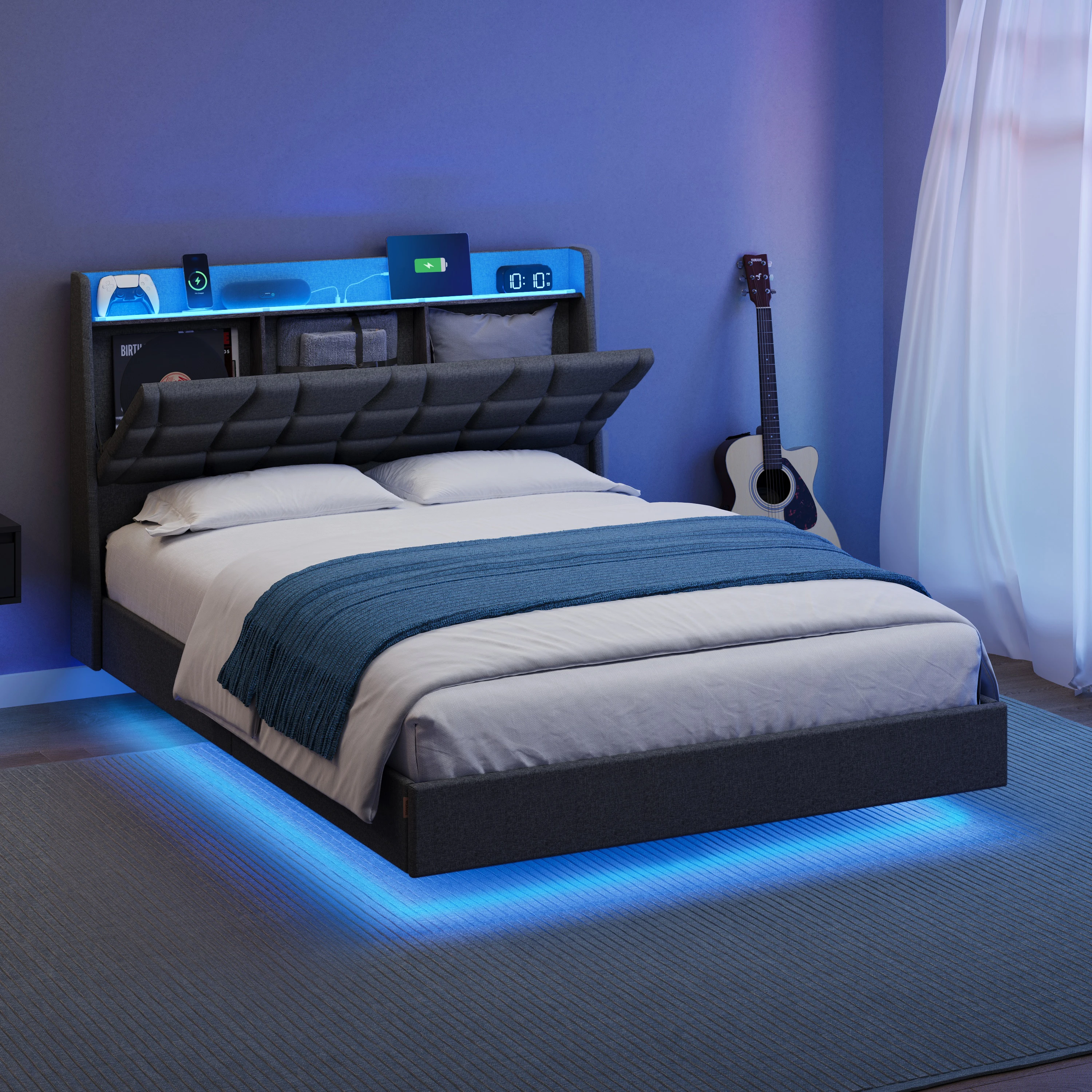 Full bed frame with charging station cluster storage headboard, full-size floating bed frame with LED lights