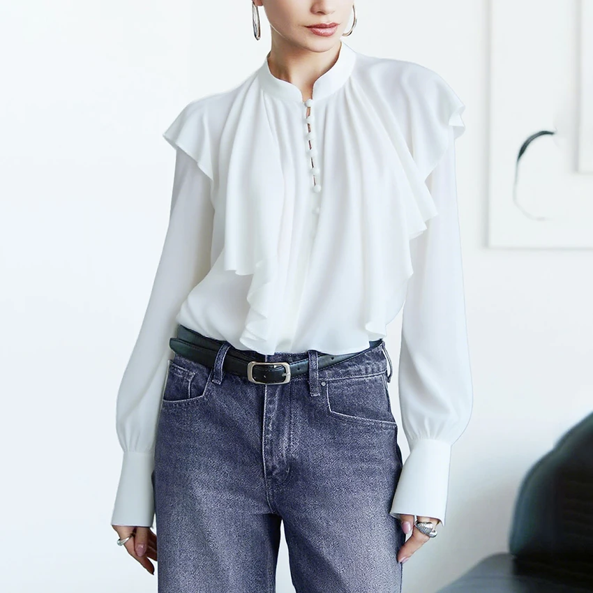

Linad Elegant White Ruffles Stand Collar Blouse Woman Autumn Office Lantern Sleeve Shirts Fashion Single Breasted Tops 2025