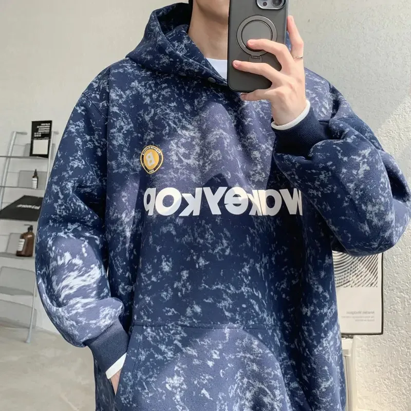 

Мужская толстовка с эффектом окрашивания, плотная, в американском ретро-стиле, свободного кроя, с капюшоном, повседневная, с длинными рукавами, осень-зима