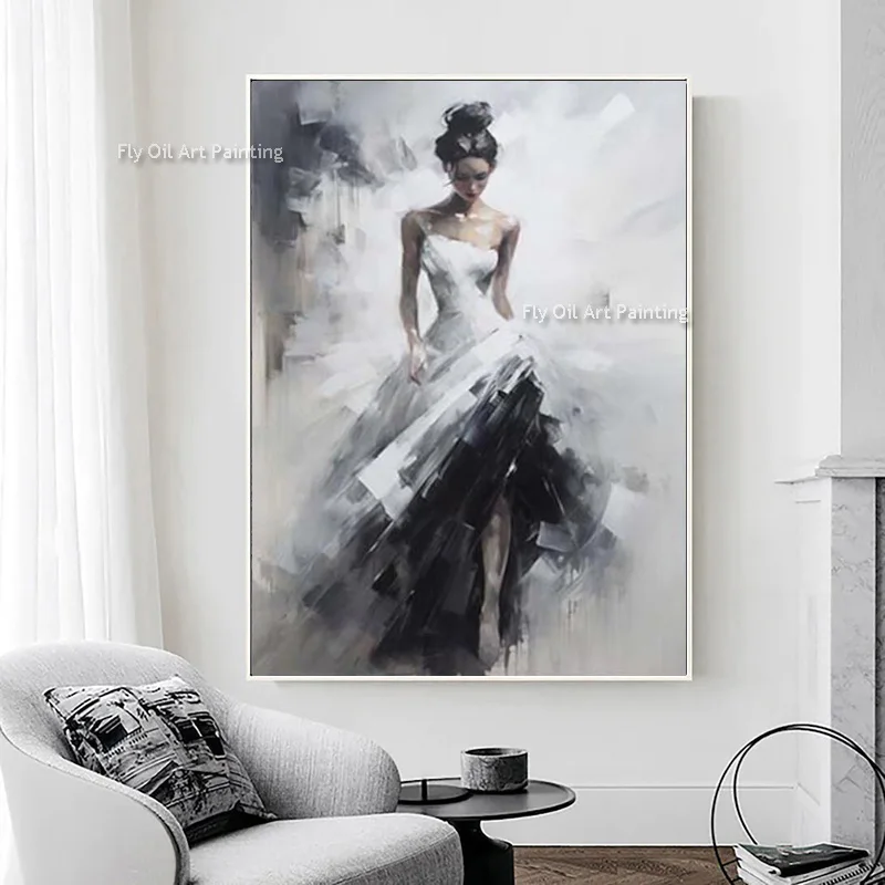 Elegance Girl With Black White Dress Canvas Thick Oil Painting Large Hand Drawn Grey White Women Artwork For Bedroom Wall Decor