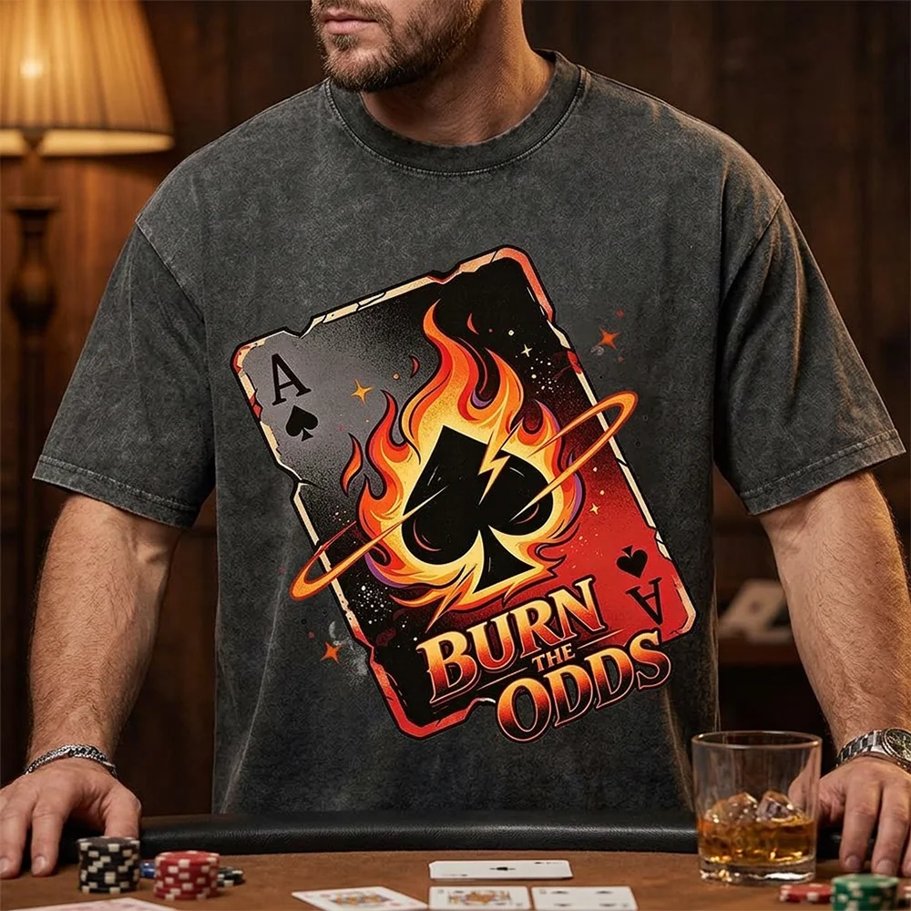 Men  T Shirt Burn The Odds Ace Of Spades Fire Printed Vintage Washed Oversized Short Sleeve Cotton Top Harajuku Streetwear
