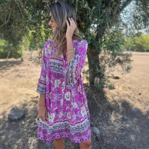 Casual Printed Spliced ​​V-neck Ruffled Half-sleeved Dress Women 2025 Summer Loose Boho Button Dress For Women