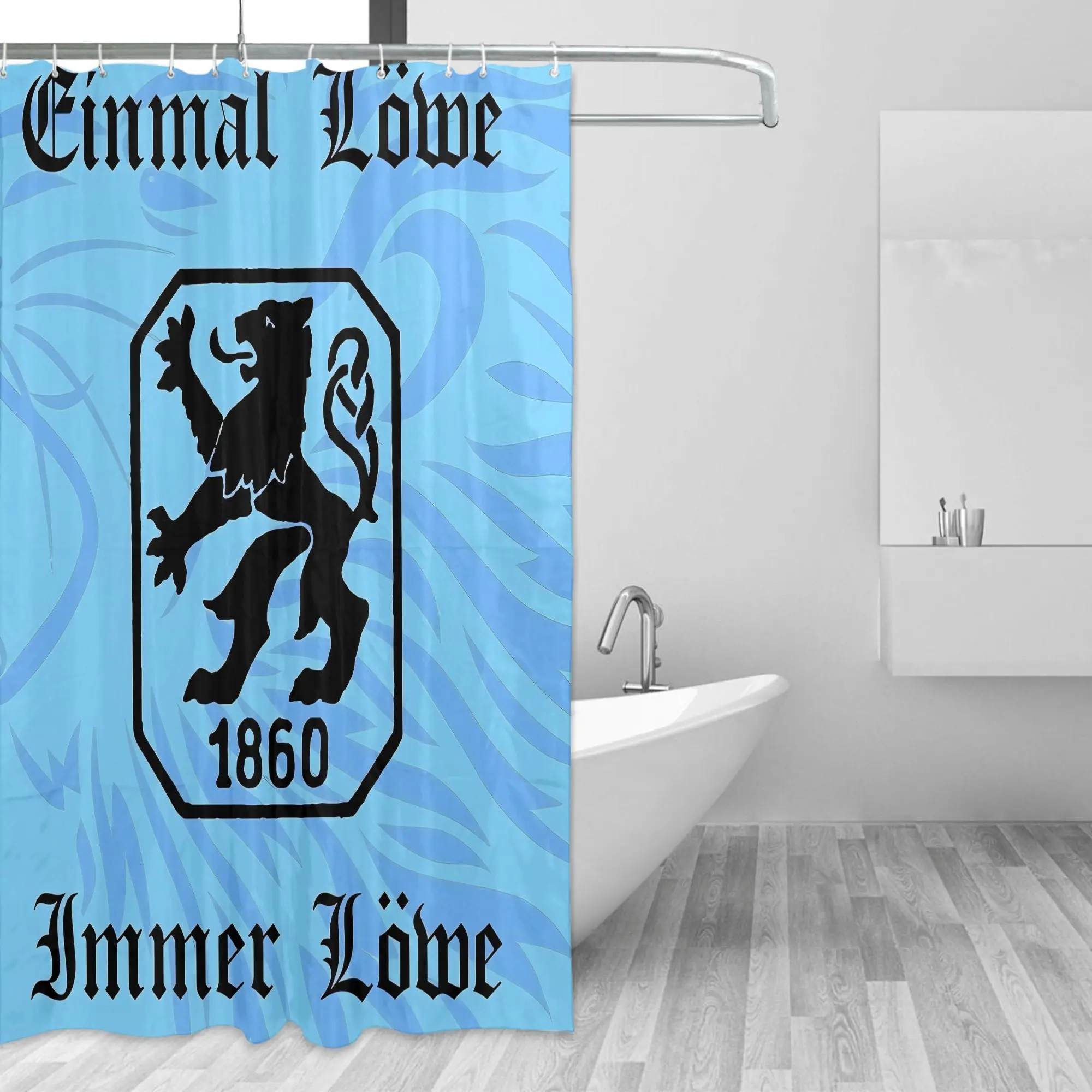 1860 German Football Club Shower Curtain - Durable Polyester, Fashionable Black & Blue Design with Lion & Floral Patterns, Machi