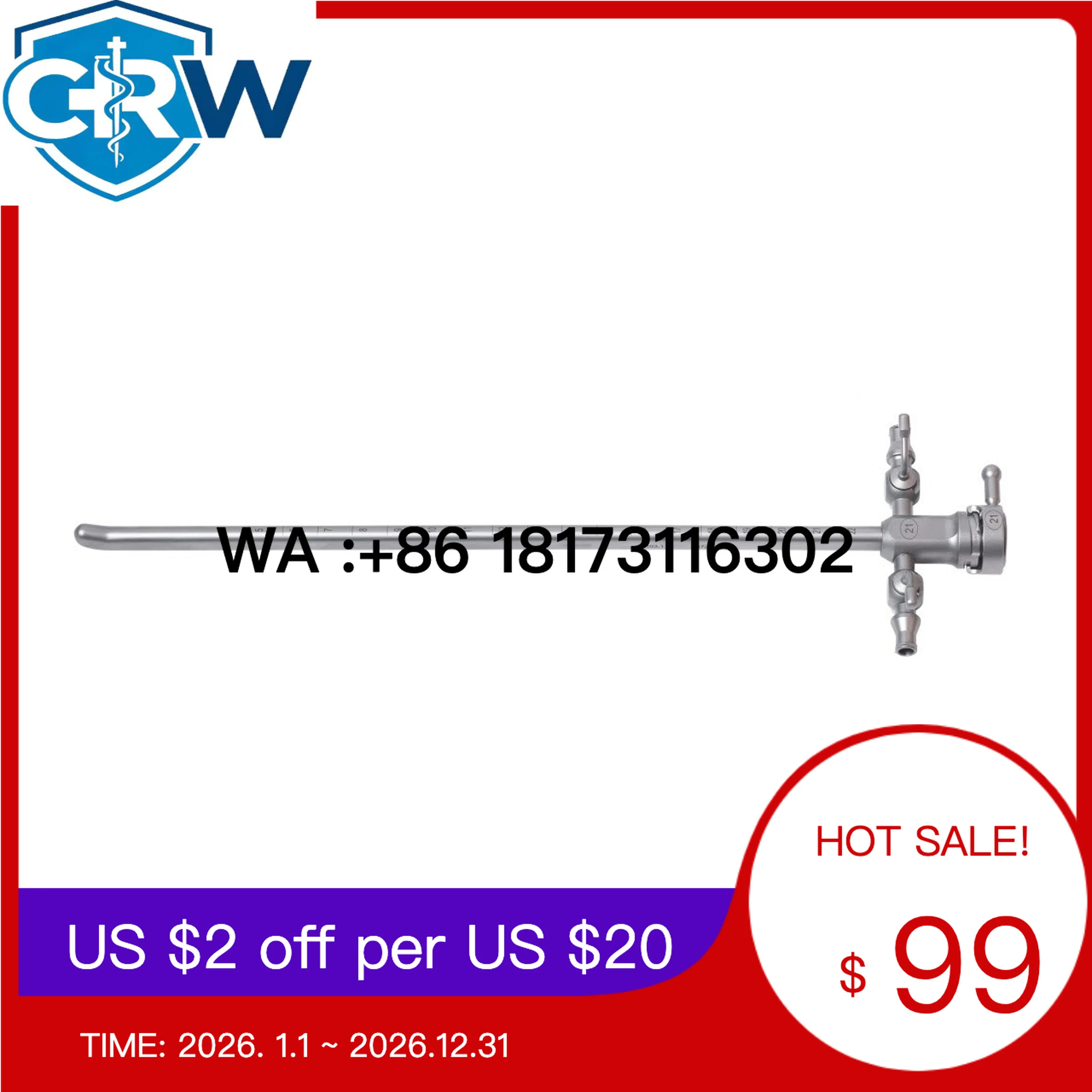CRW Urology Bridge Cystoscope Sheath 17/19/212/23Fr with 2 Stop Cocks and Obturator for Use with 4mm Cystoscope