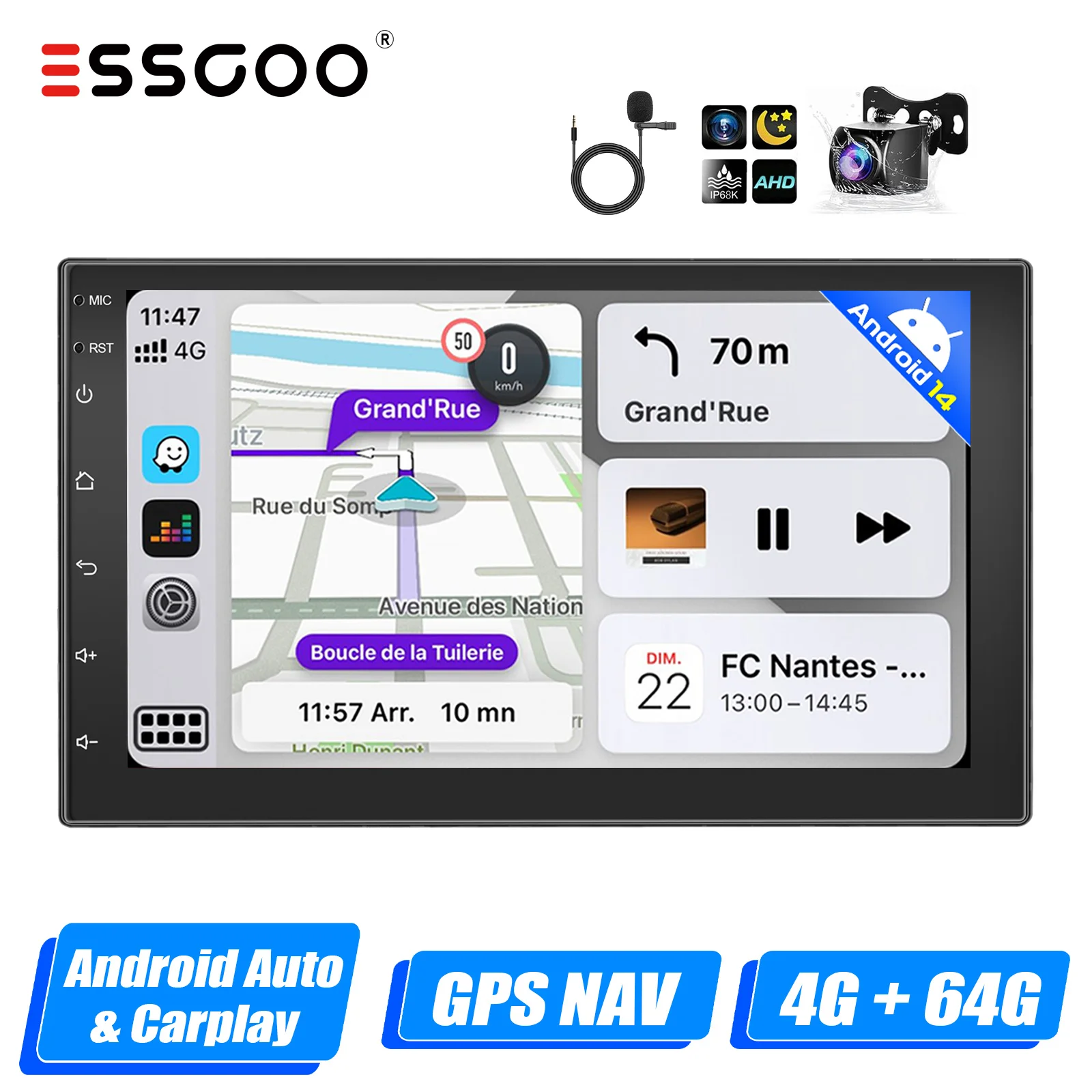 ESSGOO 7 "/9"/10 "2 DIN Android 14 4 + 64G Autoradio Carplay Android Auto GPS SAT Navi Bluetooth FM RDS Radio WIFI Touchscreen